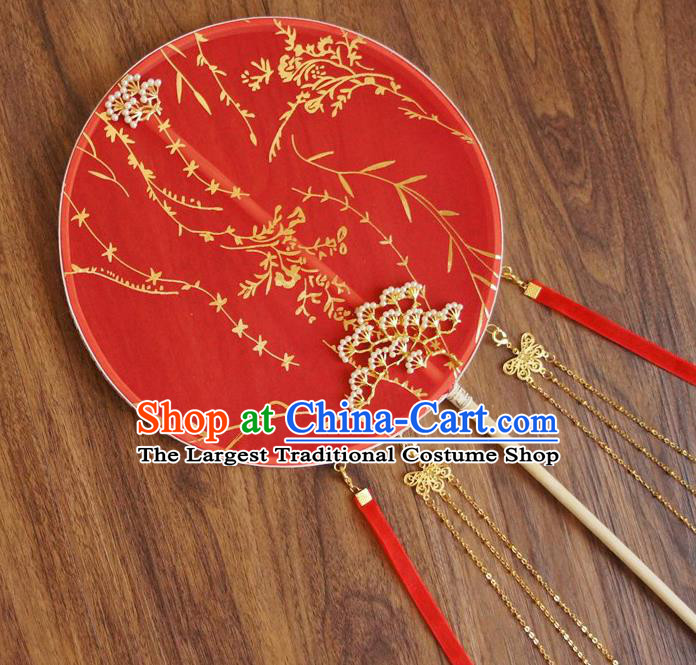 Chinese Traditional Hanfu Wedding Red Ribbon Palace Fans Ancient Princess Silk Round Fan for Women
