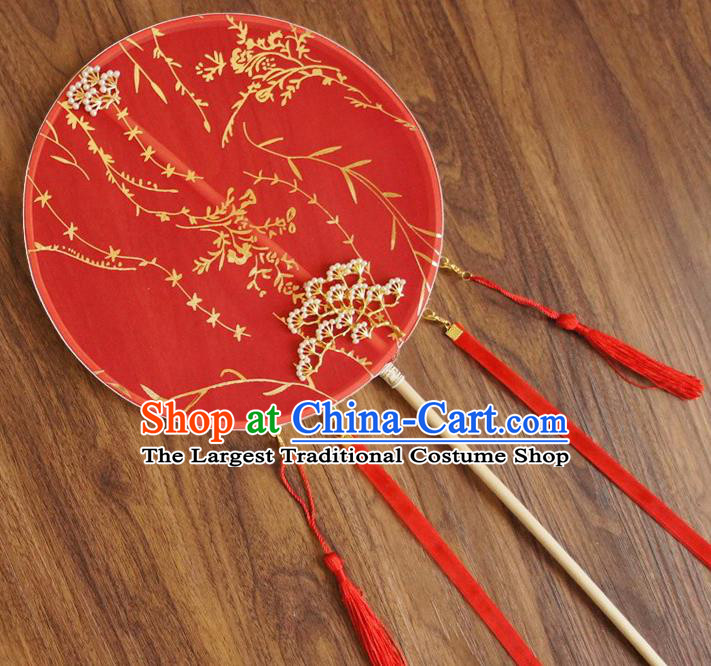 Chinese Traditional Hanfu Wedding Red Pine Palace Fans Ancient Princess Silk Round Fan for Women