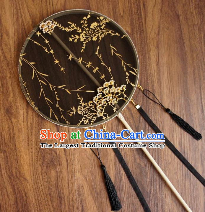 Chinese Traditional Hanfu Ribbon Tassel Black Pine Palace Fans Ancient Princess Silk Round Fan for Women