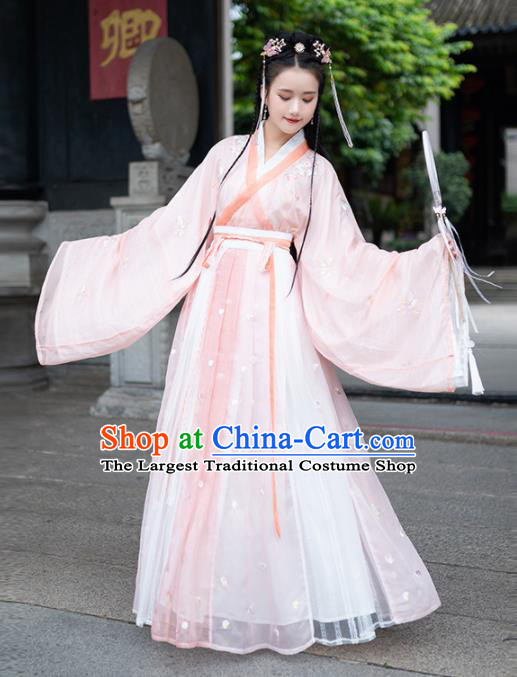 Traditional Chinese Jin Dynasty Nobility Lady Replica Costumes Ancient Royal Princess Pink Hanfu Dress for Women