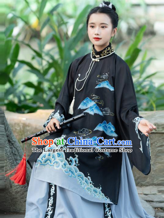 Traditional Chinese Ming Dynasty Nobility Lady Replica Costumes Ancient Court Countess Black Hanfu Dress for Women