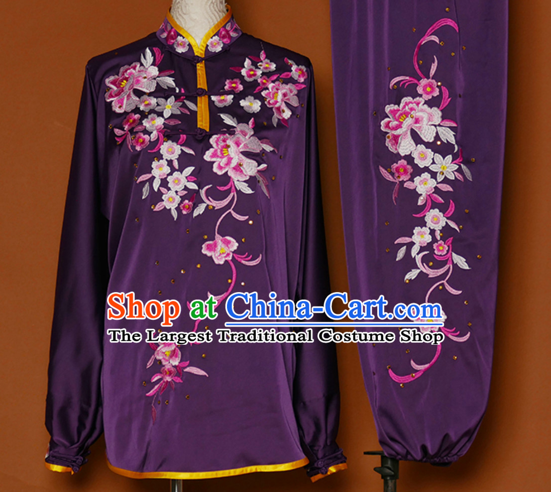 Purple Asian Embroidered Long Sleeves Martial Arts Clothing Kung Fu Dress Wushu Suits Stage Performance Championship Competition Full Set for Girls Women