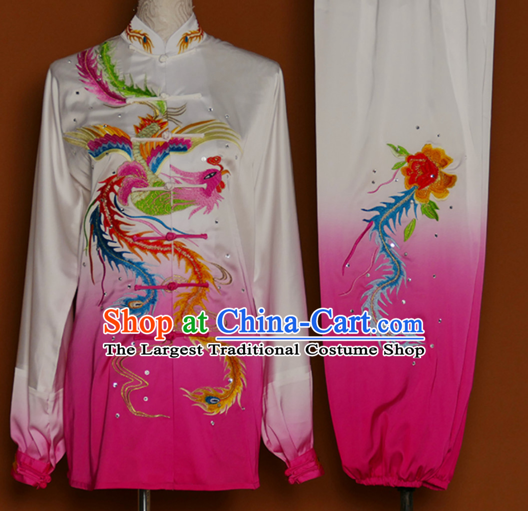 Color Change Phoenix Embroidered Long Sleeves Martial Arts Clothing Kung Fu Dress Wushu Suits Stage Performance Championship Competition Full Set for Girls Women