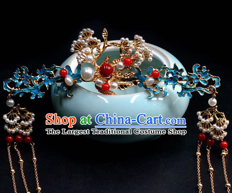 Chinese Ancient Tang Dynasty Palace Princess Pine Blueing Hair Crown Hairpins Traditional Hanfu Court Hair Accessories for Women