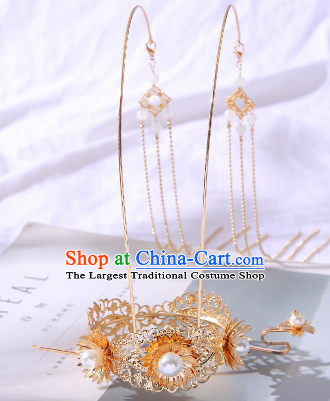 Chinese Ancient Tang Dynasty Princess Golden Lotus Phoenix Coronet Hairpins Traditional Hanfu Court Hair Accessories for Women