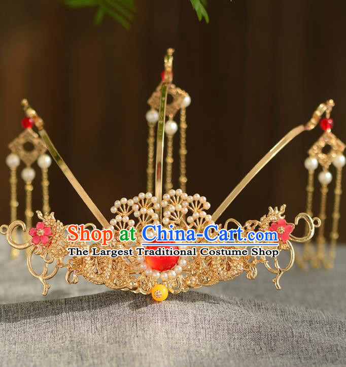 Chinese Ancient Tang Dynasty Princess Golden Pine Phoenix Coronet Hairpins Traditional Hanfu Court Hair Accessories for Women