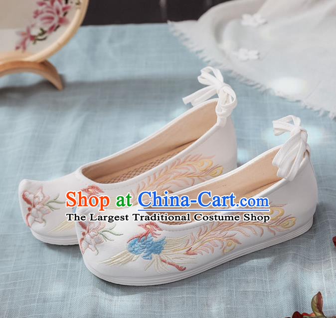 Traditional Chinese Opera Shoes Ancient Princess White Shoes Hanfu Shoes Embroidered Phoenix Shoes for Women