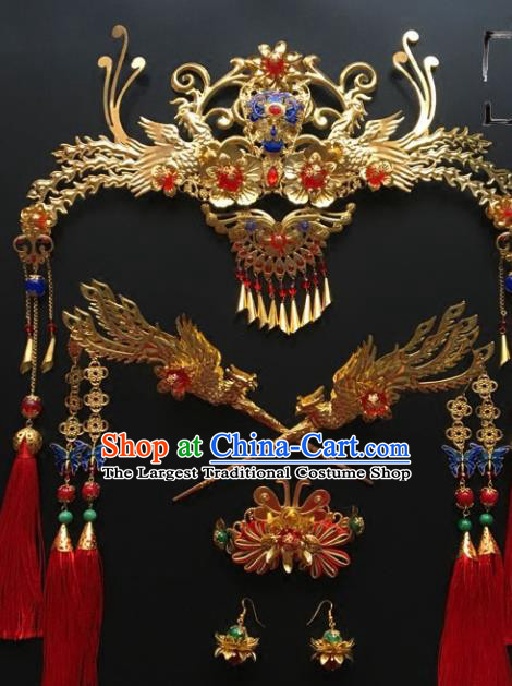 Chinese Ancient Ming Dynasty Bride Phoenix Coronet Hairpins Traditional Hanfu Court Princess Hair Accessories for Women