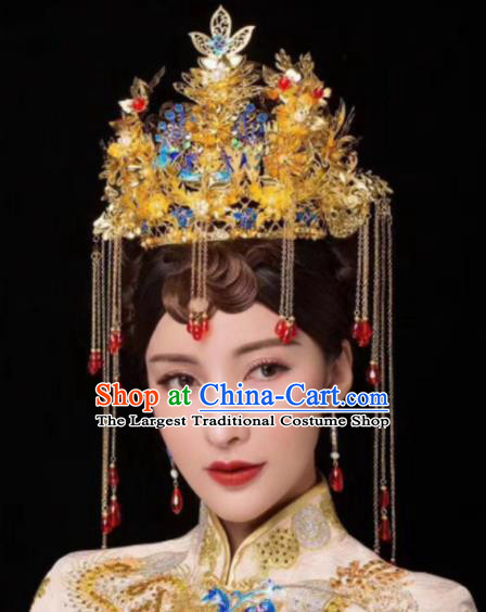 Chinese Ancient Bride Cloisonne Phoenix Coronet Hairpins Traditional Hanfu Court Princess Hair Accessories for Women