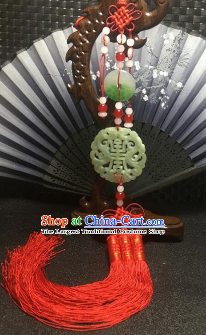 Traditional Chinese Hanfu Jade Carving Longevity Waist Accessories Red Tassel Pendant Ancient Swordsman Brooch