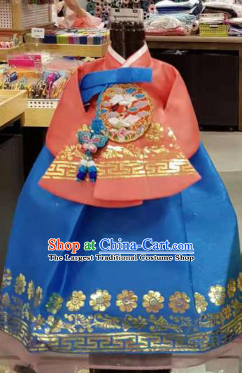 Traditional Korean Hanbok Clothing Orange Brocade Blouse and Blue Dress Asian Korea Ancient Fashion Apparel Costume for Kids