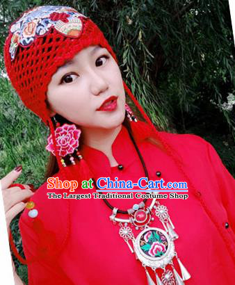 Chinese Traditional Ethnic Embroidered Hat National Handmade Red Wool Knitting Hat for Women