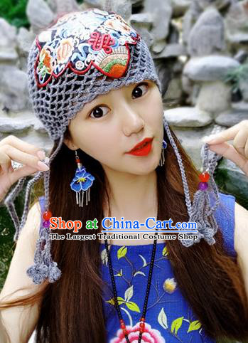 Chinese Traditional Ethnic Embroidered Hat National Handmade Grey Wool Knitting Hat for Women