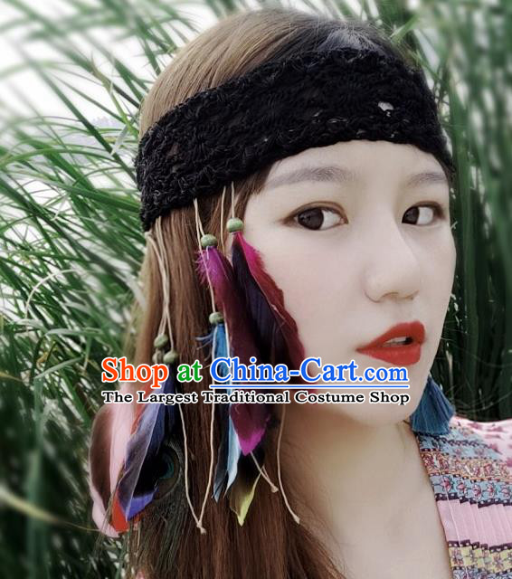 Chinese Traditional Ethnic Black Wool Knitting Headband National Handmade Feather Hair Clasp for Women