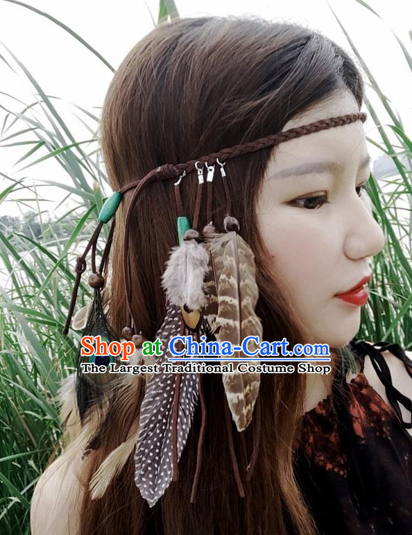 Chinese Traditional Ethnic Brown Leather Knitting Headband National Handmade Feather Hair Clasp for Women