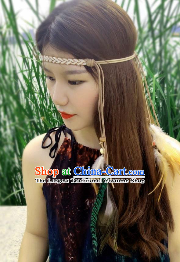 Chinese Traditional Ethnic Leather Knitting Headband National Handmade Feather Hair Clasp for Women