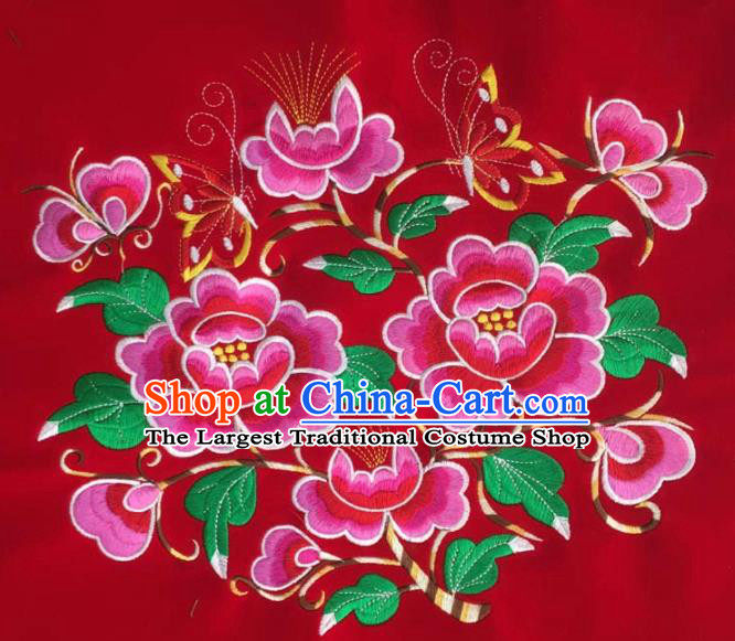 Chinese Traditional Embroidery Cloth Accessories National Embroidered Peony Butterfly Red Dress Patch