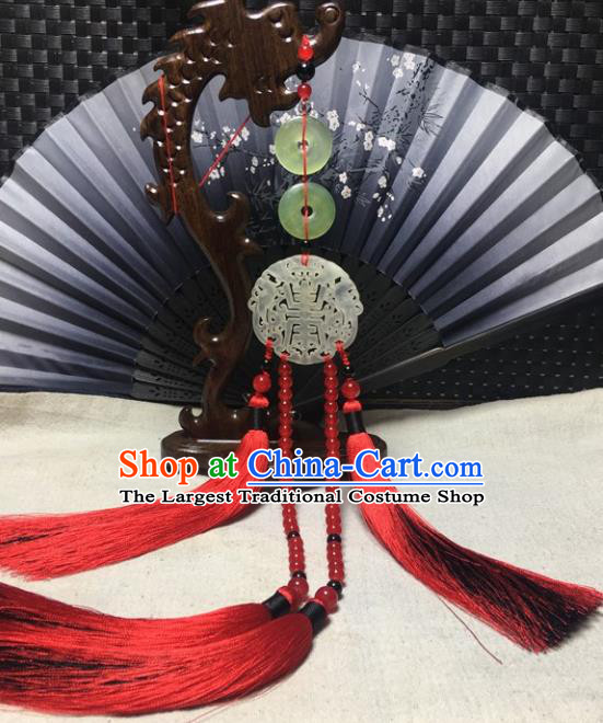 Traditional Chinese Hanfu Jade Carving Waist Accessories Palace Red Beads Tassel Pendant Ancient Swordsman Brooch