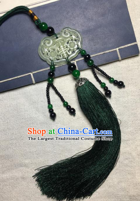 Traditional Chinese Hanfu Jade Carving Plum Lock Waist Accessories Palace Green Tassel Pendant Ancient Swordsman Brooch