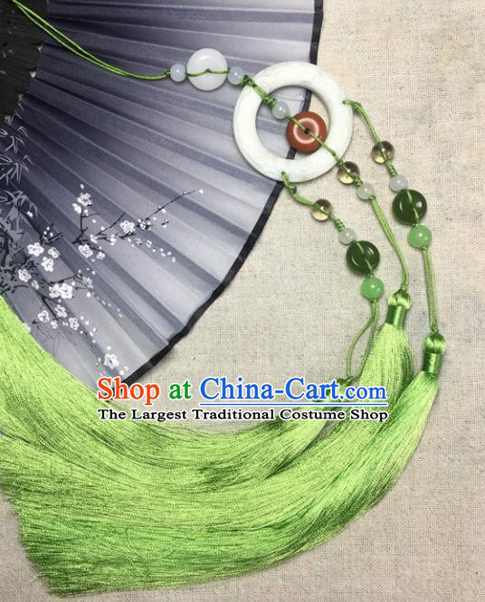 Traditional Chinese Hanfu Jade Carving Buddhist Mantra Waist Accessories Palace Green Tassel Pendant Ancient Swordsman Brooch