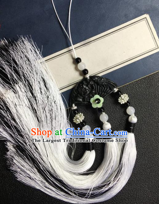 Traditional Chinese Hanfu Black Jade Carving Fan Waist Accessories Palace Tassel Pendant Ancient Swordsman Brooch