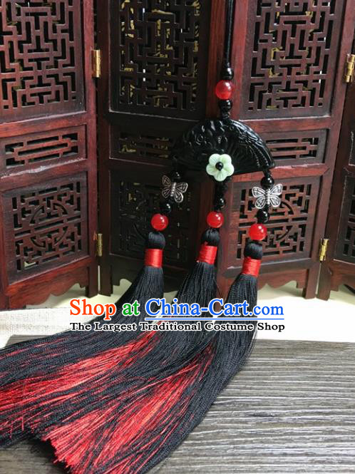 Traditional Chinese Hanfu Black Jade Carving Fan Waist Accessories Palace Red Tassel Pendant Ancient Swordsman Brooch