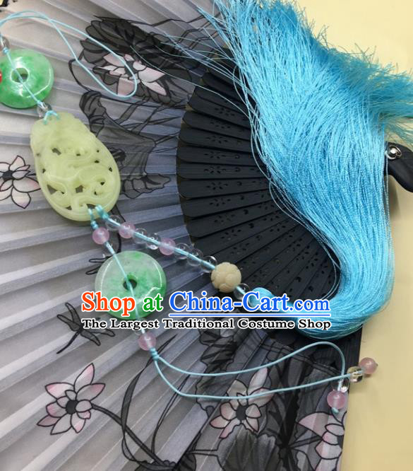 Traditional Chinese Hanfu Jade Carving Dragon Waist Accessories Palace Blue Tassel Pendant Ancient Swordsman Brooch