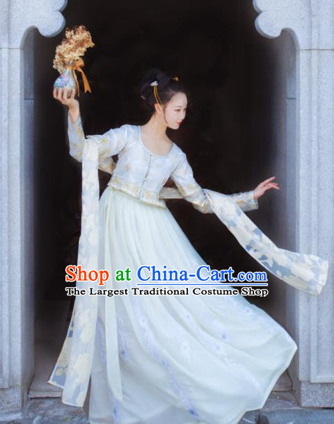 Traditional Chinese Tang Dynasty Court Lady Replica Costumes Ancient Palace Princess White Hanfu Dress for Women