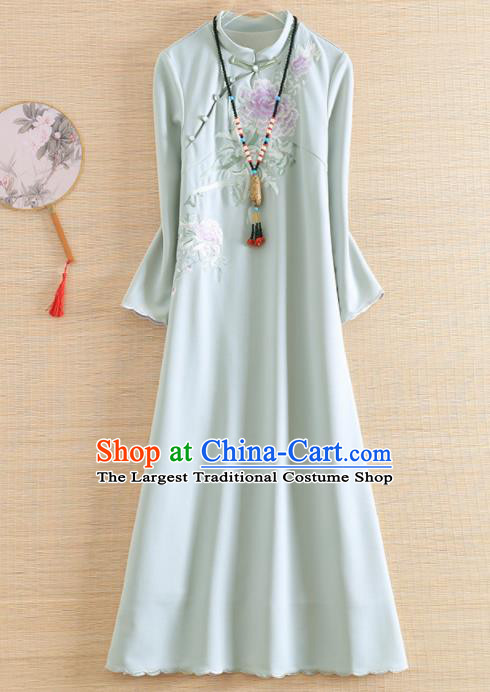 Chinese Traditional Tang Suit Embroidered Peony Green Cheongsam National Costume Qipao Dress for Women