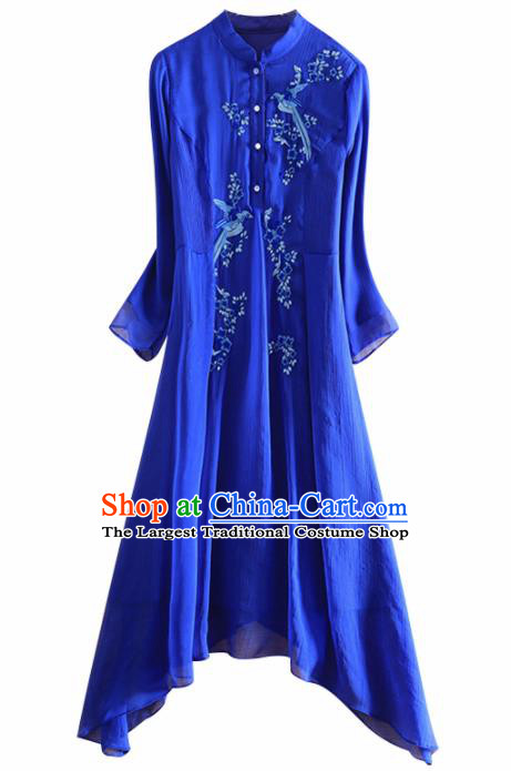 Chinese Traditional Tang Suit Embroidered Royalblue Cheongsam National Costume Qipao Dress for Women