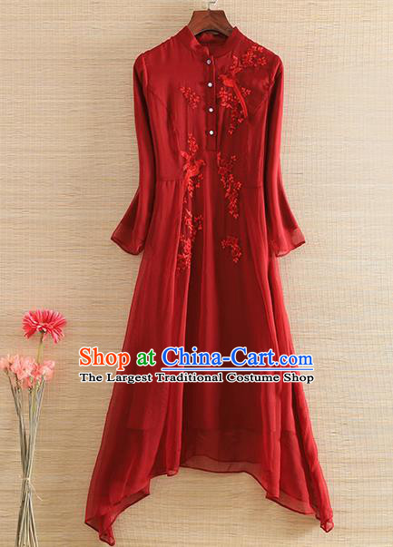 Chinese Traditional Tang Suit Embroidered Red Cheongsam National Costume Qipao Dress for Women