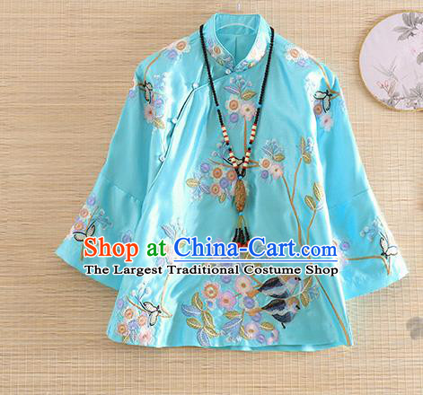 Chinese Traditional Tang Suit Embroidered Flowers Birds Blue Blouse National Costume Qipao Upper Outer Garment for Women