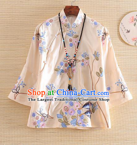 Chinese Traditional Tang Suit Embroidered Flowers Birds Apricot Blouse National Costume Qipao Upper Outer Garment for Women