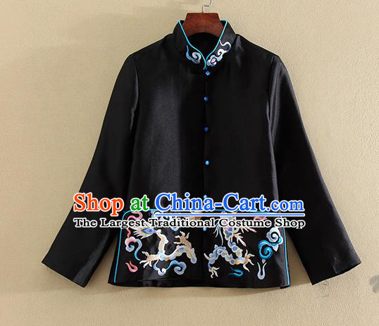 Chinese Traditional Tang Suit Embroidered Dragon Black Jacket National Costume Qipao Upper Outer Garment for Women