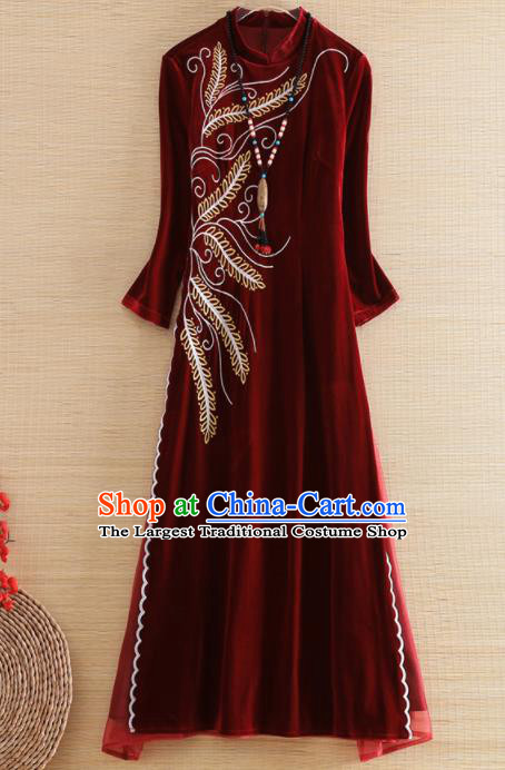 Chinese Traditional Tang Suit Embroidered Purplish Red Velvet Cheongsam National Costume Qipao Dress for Women