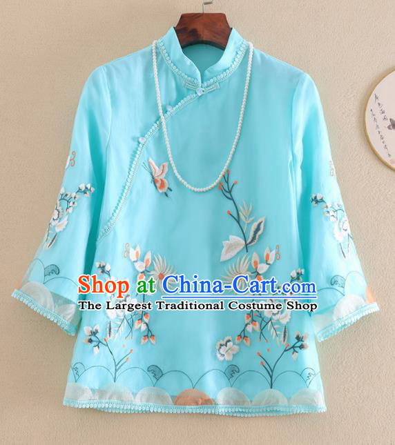 Chinese Traditional Tang Suit Embroidered Chrysanthemum Blue Shirt National Costume Qipao Upper Outer Garment for Women