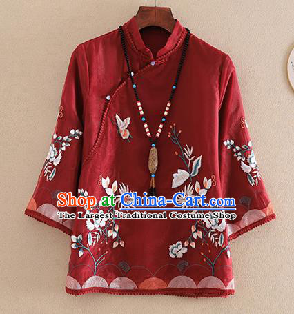 Chinese Traditional Tang Suit Embroidered Chrysanthemum Dark Red Shirt National Costume Qipao Upper Outer Garment for Women