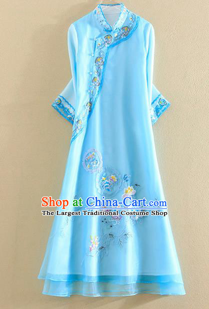 Chinese Traditional Tang Suit Embroidered Blue Organza Cheongsam National Costume Qipao Dress for Women