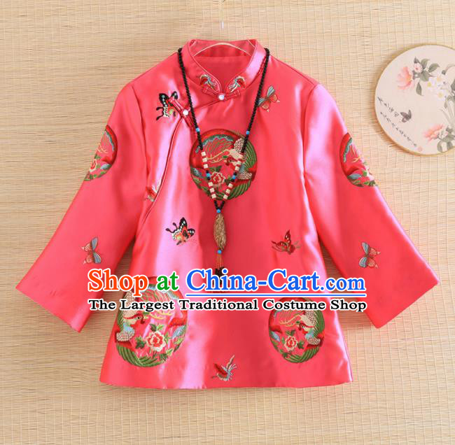 Chinese Traditional Tang Suit Embroidered Butterfly Phoenix Rosy Shirt National Costume Qipao Upper Outer Garment for Women