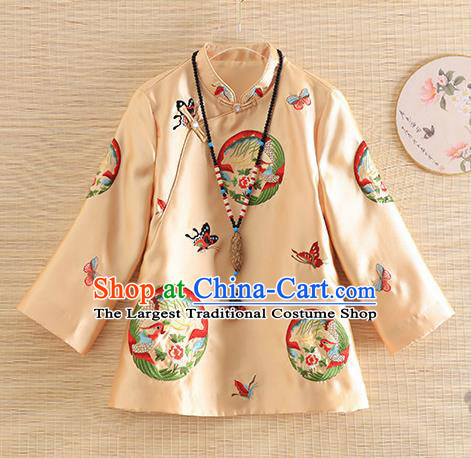 Chinese Traditional Tang Suit Embroidered Butterfly Phoenix Golden Shirt National Costume Qipao Upper Outer Garment for Women