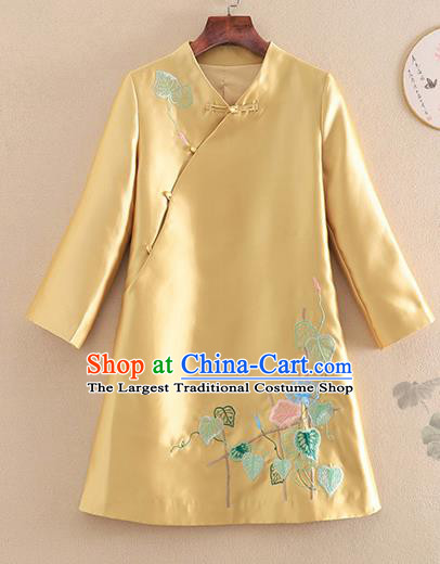 Chinese Traditional Tang Suit Embroidered Petunia Golden Jacket National Costume Qipao Upper Outer Garment for Women