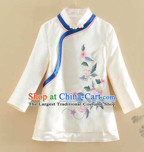 Chinese Traditional Tang Suit Embroidered White Satin Shirt National Costume Qipao Upper Outer Garment for Women