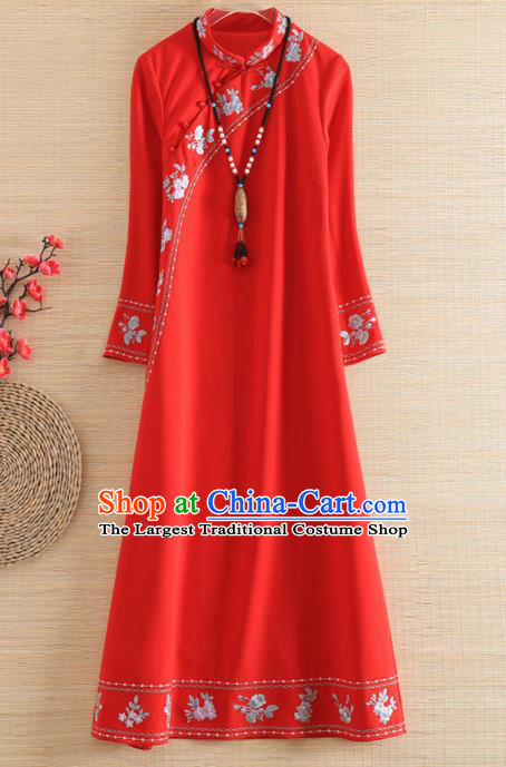 Chinese Traditional Tang Suit Embroidered Flowers Red Cheongsam National Costume Qipao Dress for Women