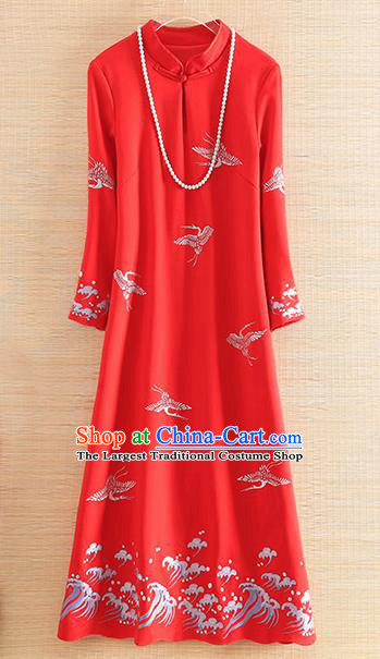 Chinese Traditional Red Cheongsam National Costume Embroidered Qipao Dress for Women