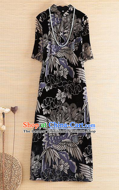 Chinese Traditional Printing Crane Pine Black Cheongsam National Costume Qipao Dress for Women