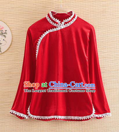 Chinese Traditional Red Velvet Blouse National Costume Qipao Upper Outer Garment for Women