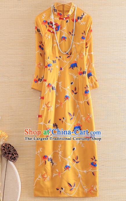 Chinese Traditional Embroidered Flowers Yellow Cheongsam National Costume Qipao Dress for Women