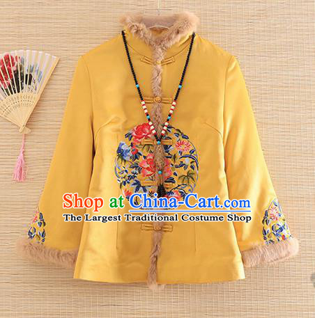 Chinese Traditional Embroidered Peony Yellow Jacket National Costume Qipao Upper Outer Garment for Women