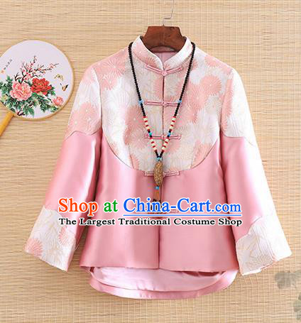 Chinese Traditional Tang Suit Pink Jacket National Costume Qipao Upper Outer Garment for Women