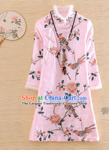 Chinese Traditional Tang Suit Embroidered Pink Cotton Padded Coat National Costume Qipao Upper Outer Garment for Women